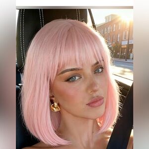 Light Pink Straight Bob Wig With Bangs